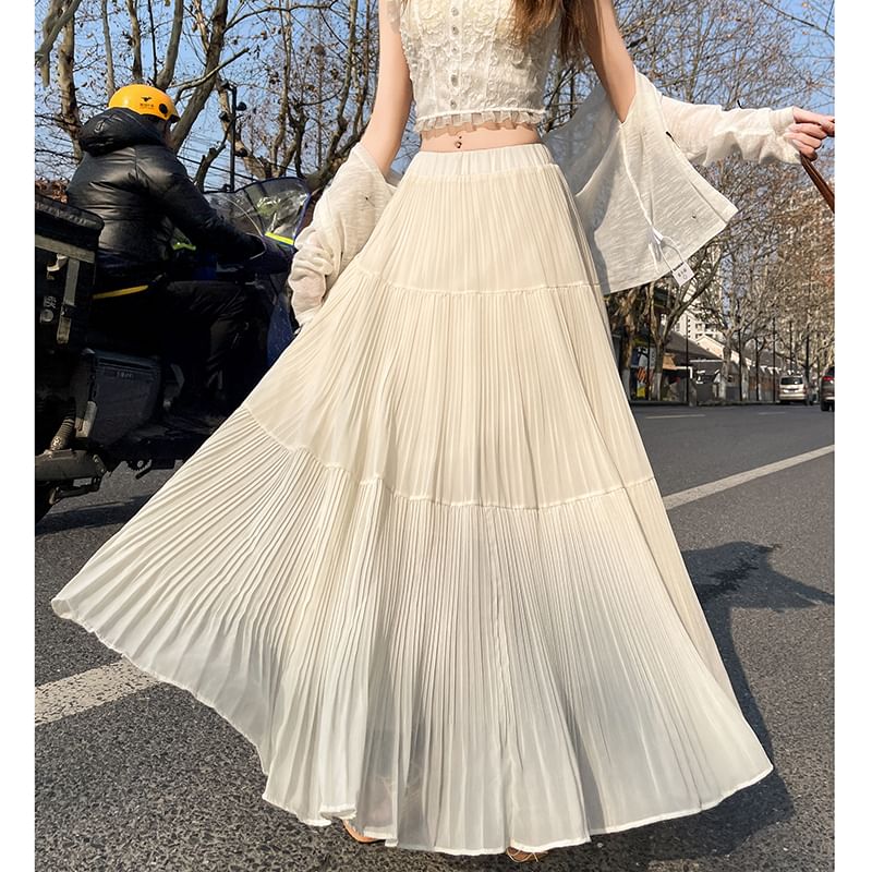 Plain Pleated Skirt Accordion Maxi High A-Line Waist