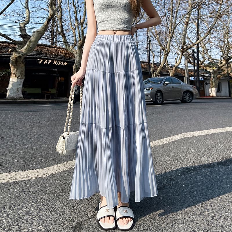 Plain Pleated Skirt Accordion Maxi High A-Line Waist