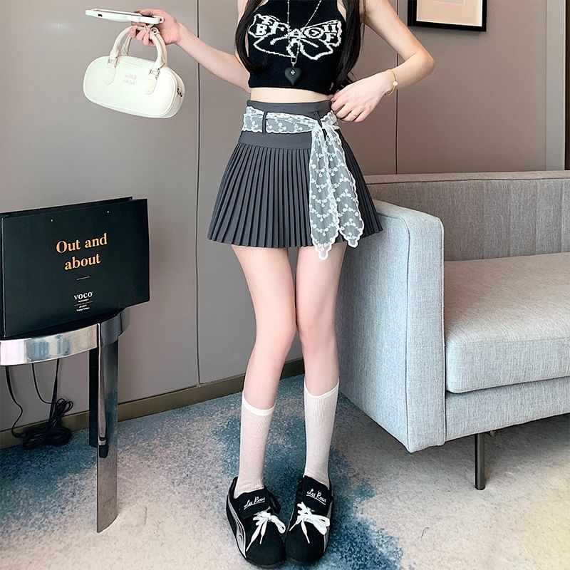 Pleated Mini Waist Plain Skirt A-Line High