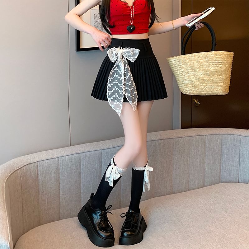 Pleated Mini Waist Plain Skirt A-Line High