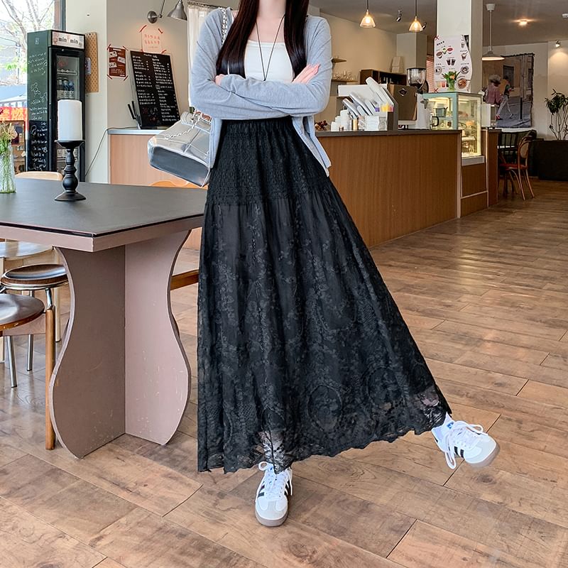 Lace Trim High Waist A-Line Flower Embroidered Maxi Skirt