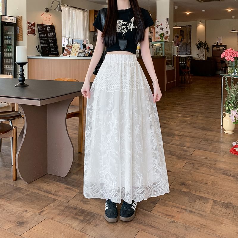 High Waist A-Line Trim Maxi Embroidered Skirt Flower Lace