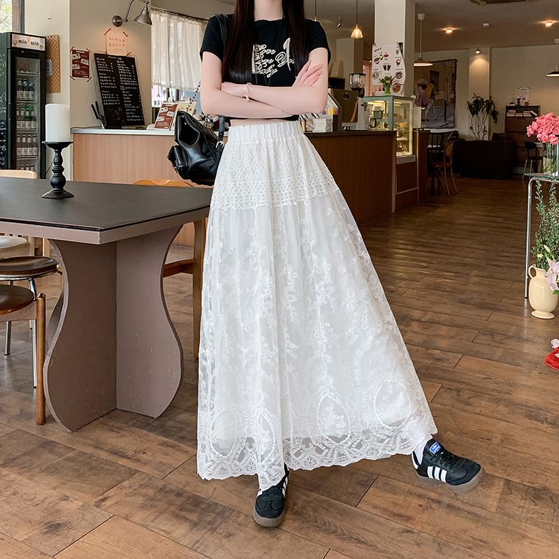 Lace Trim High Waist A-Line Flower Embroidered Maxi Skirt