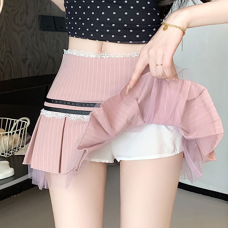 Pleated Lace Mini Skirt Waist Low Pinstriped Trim Bow A-Line