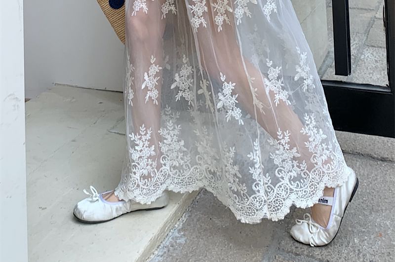 Trim A-Line High Lace Waist Flower Maxi Embroidered Skirt