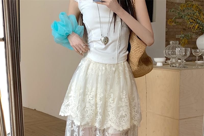 Trim A-Line High Lace Waist Flower Maxi Embroidered Skirt