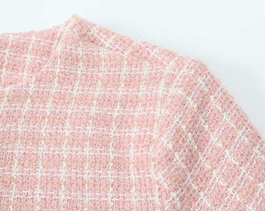 Long-Sleeve Round Neck Tweed Cropped Button Up Jacket / High Waist Tweed Shorts