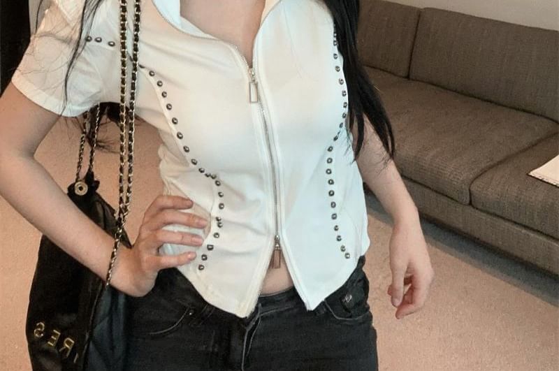 Fit Zip Plain T-Shirt Slim Turtleneck Short-Sleeve Studded