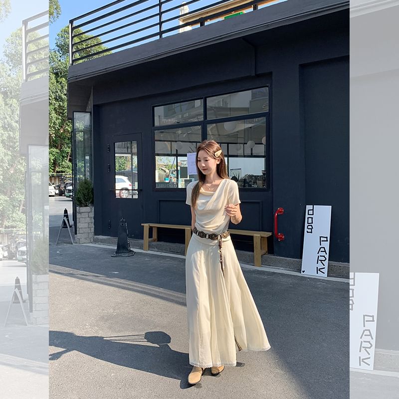 Plain Fit Neck Cowl Short-Sleeve T-Shirt Slim Ruched