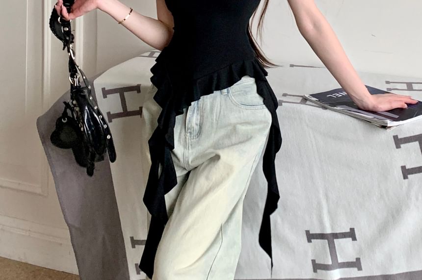 Slim Floral Off-Shoulder Trim Cap-Sleeve Tee Ruffle Panel Fit