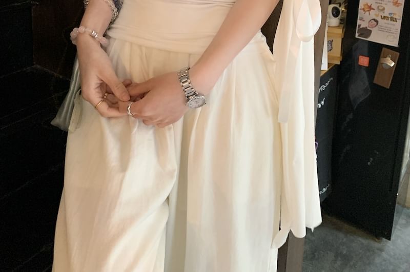 Short-Sleeve Slim Ruched Bow Off-Shoulder T-Shirt Fit Plain