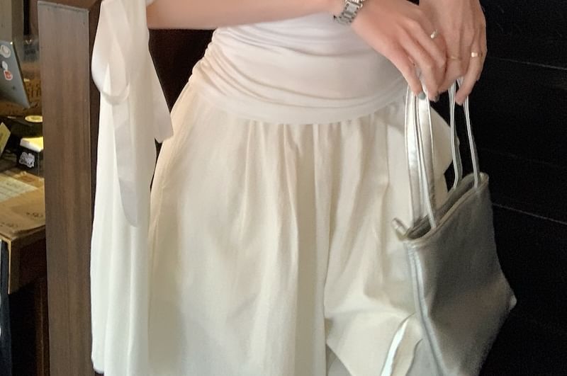 Plain Off-Shoulder T-Shirt Bow Fit Ruched Slim Short-Sleeve