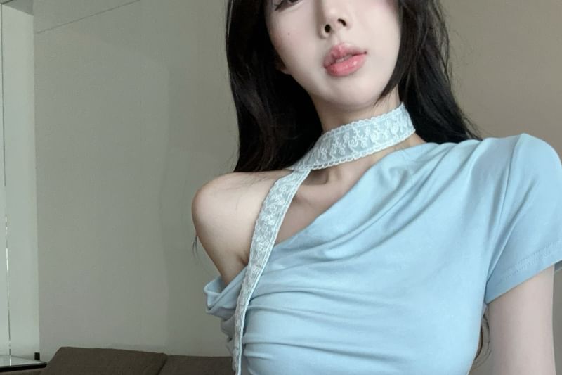 Cowl Plain Neck Asymmetrical Short-Sleeve Fit Tee Slim