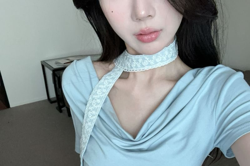 Cowl Plain Neck Asymmetrical Short-Sleeve Fit Tee Slim