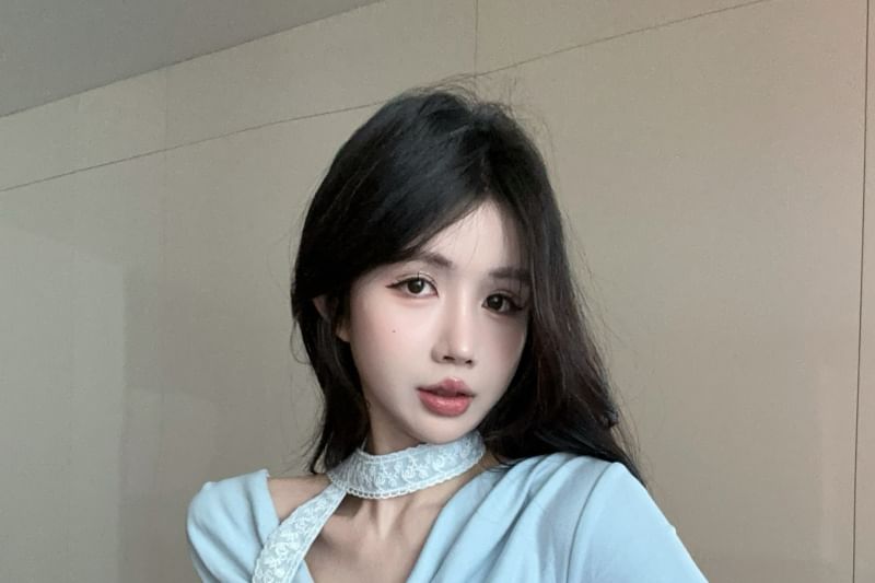 Cowl Plain Neck Asymmetrical Short-Sleeve Fit Tee Slim