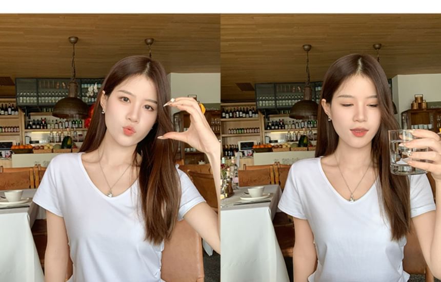 T-Shirt Ruched Short-Sleeve V-Neck Plain