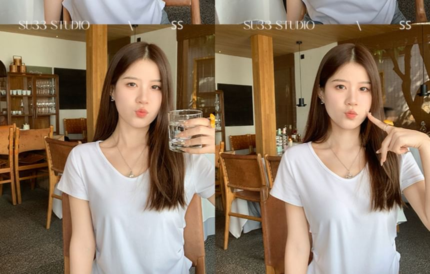 T-Shirt Ruched Short-Sleeve V-Neck Plain