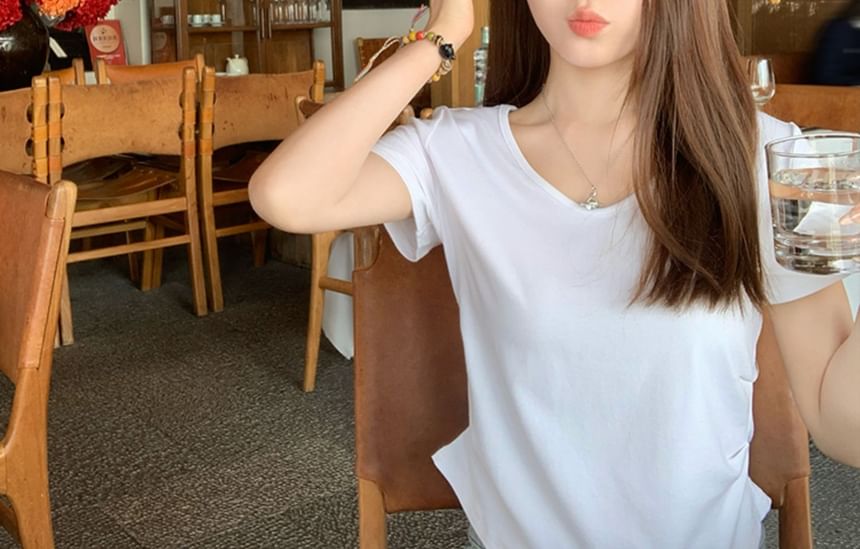 T-Shirt Ruched Short-Sleeve V-Neck Plain