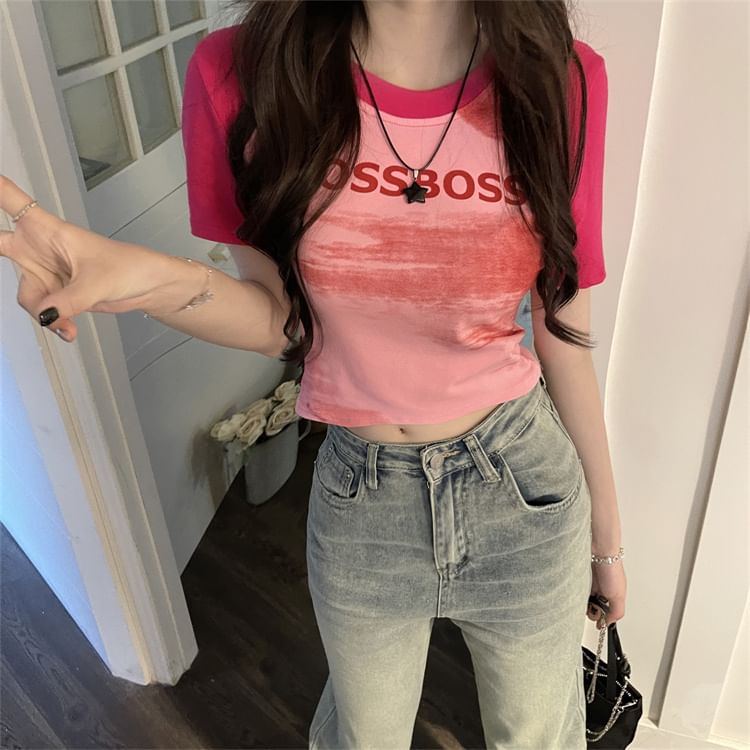 Slim Lettering Fit Round Neck T-Shirt Crop Short-Sleeve Raglan