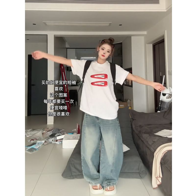 Short-Sleeve Oversized Round T-Shirt Neck Print