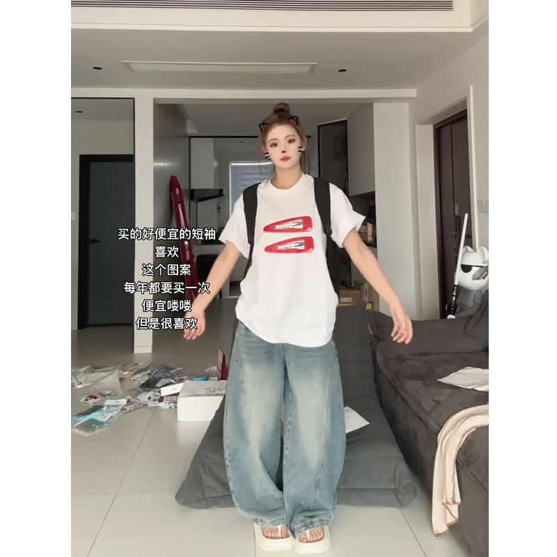 Short-Sleeve Oversized Round T-Shirt Neck Print