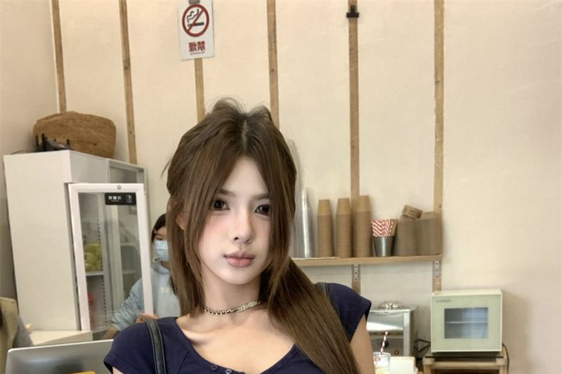 T-Shirt Plain Crop Henley Fit Slim Short-Sleeve