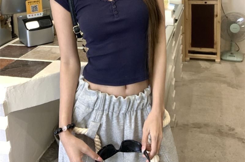 T-Shirt Plain Crop Henley Fit Slim Short-Sleeve