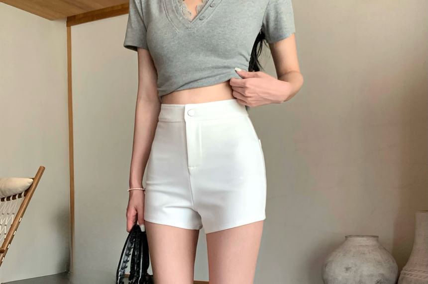 Slim High Shorts Waist / V-Neck Tee Fit Mock Short-Sleeve Lace Two-Piece Plain Trim