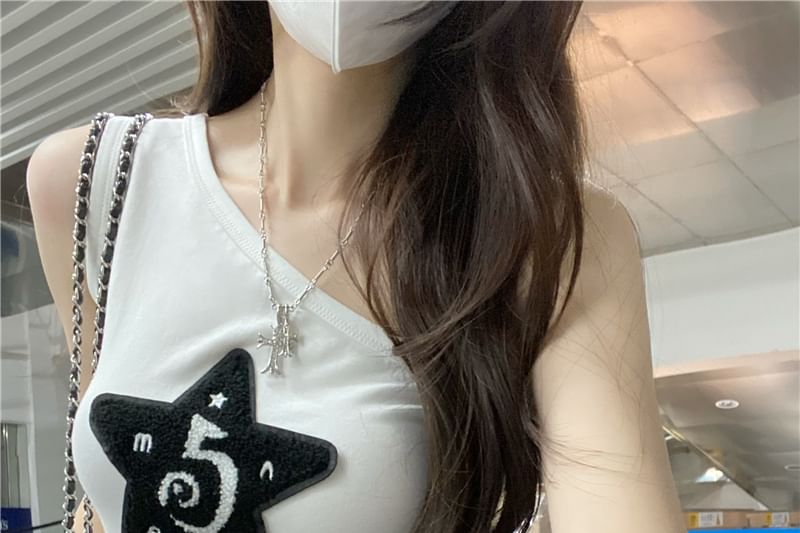 Star Fit Top Tank Applique Slim One-Shoulder