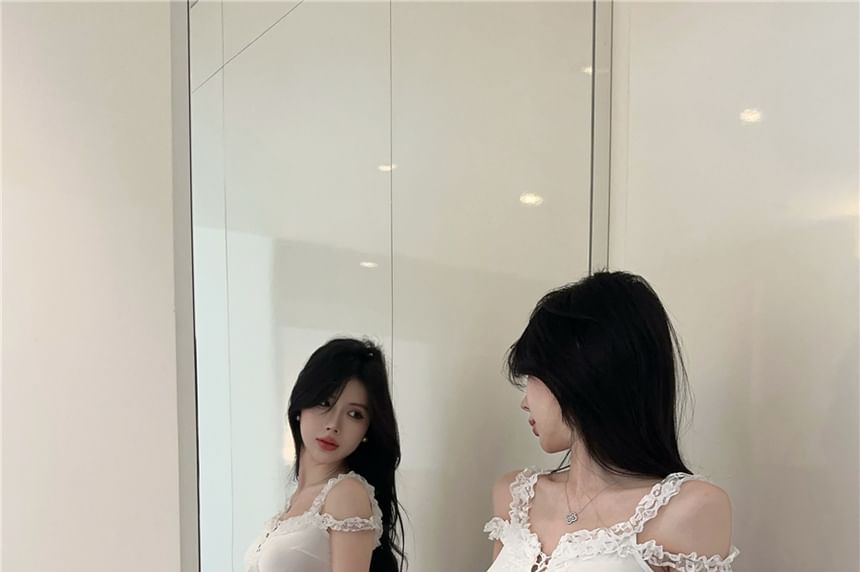 Top Ruffle Asymmetrical Trim Camisole Lace Slim Lace-Up Fit