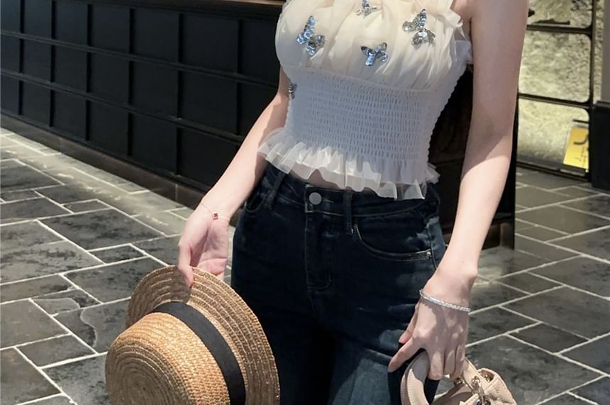 Slim Sequin Tank Butterfly Top Fit Padded Crop Panel Mesh