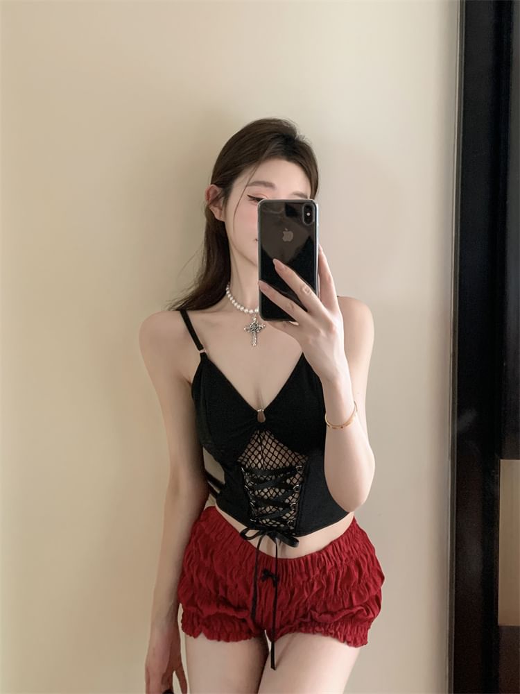 Slim Top Mesh Plain Camisole Panel Fit Crop Lace-Up