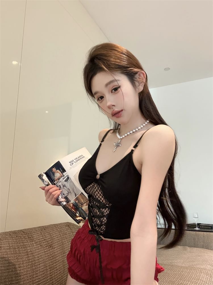 Slim Top Mesh Plain Camisole Panel Fit Crop Lace-Up