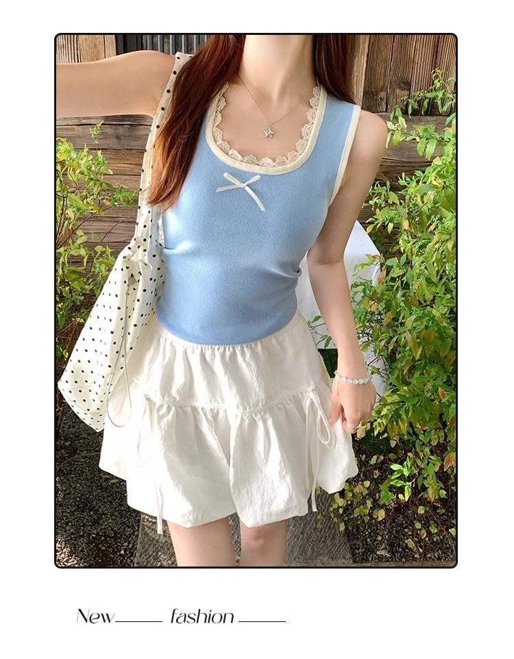 Tank Lace Square Fit Slim Neck Top Bow Trim