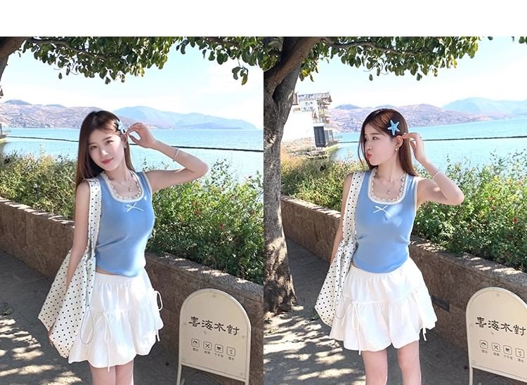 Square Neck Trim Fit Slim Tank Lace Top Bow