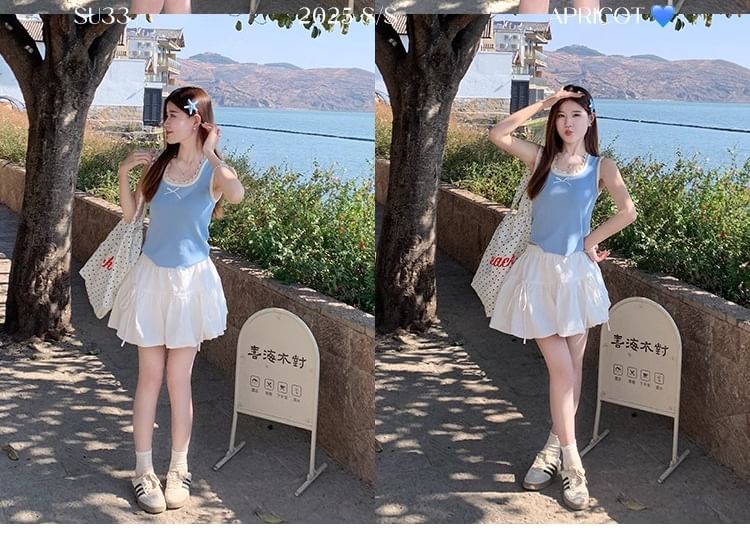 Square Neck Trim Fit Slim Tank Lace Top Bow