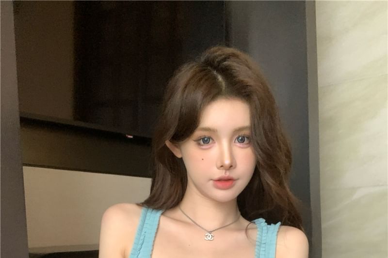 Tank Fit Neck Slim Square Rhinestone Frill Trim Top