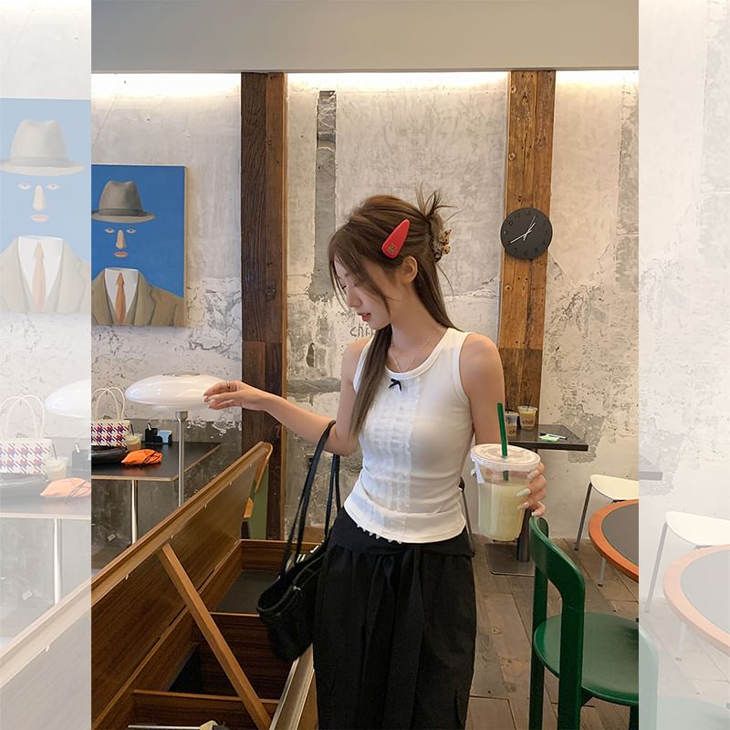 Neck Bow Fit Lace Panel Top Crew Tank Slim