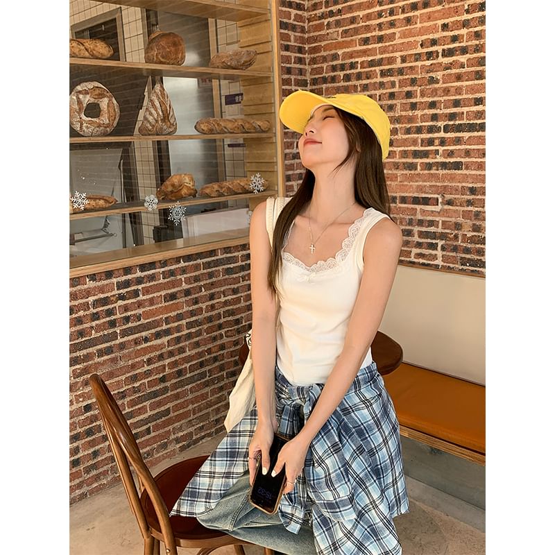 Neck Lace Fit Plain Top Tank Trim Slim Bow Square