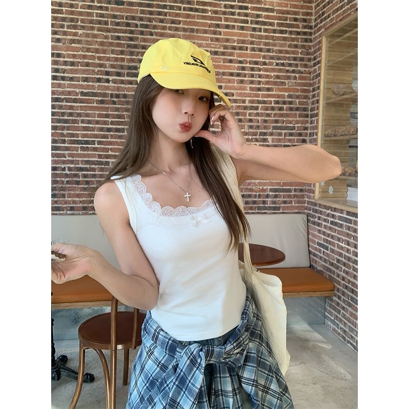 Tank Neck Lace Plain Square Trim Slim Top Bow Fit