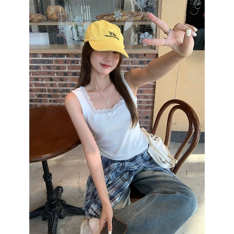 Tank Neck Lace Plain Square Trim Slim Top Bow Fit