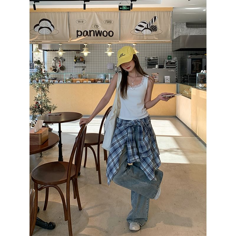 Tank Neck Lace Plain Square Trim Slim Top Bow Fit