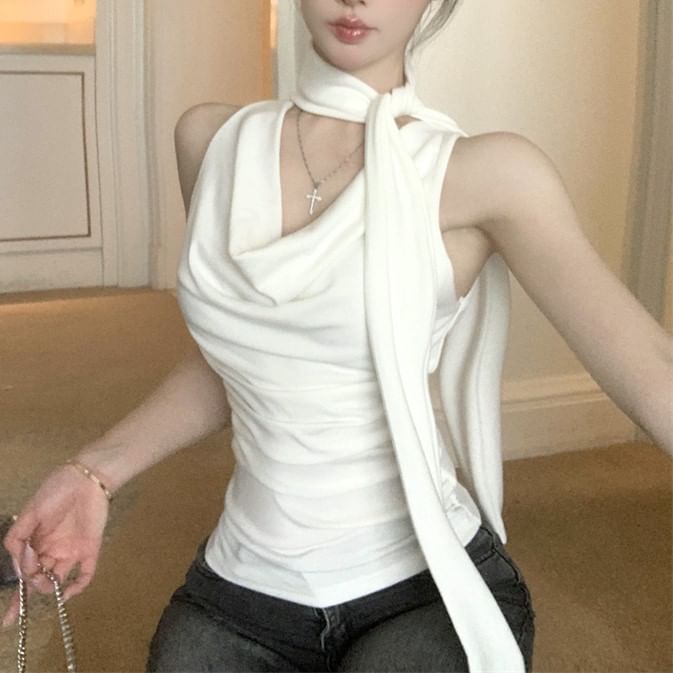 Scarf Tank Cowl Set: + Neck Plain Top Slim Fit
