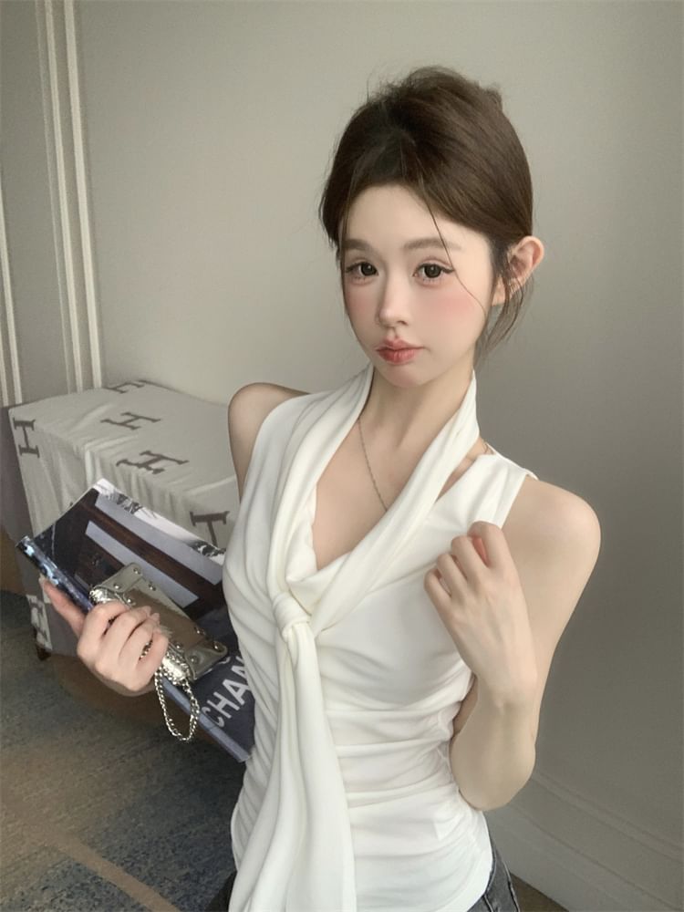 Scarf Tank Cowl Set: + Neck Plain Top Slim Fit