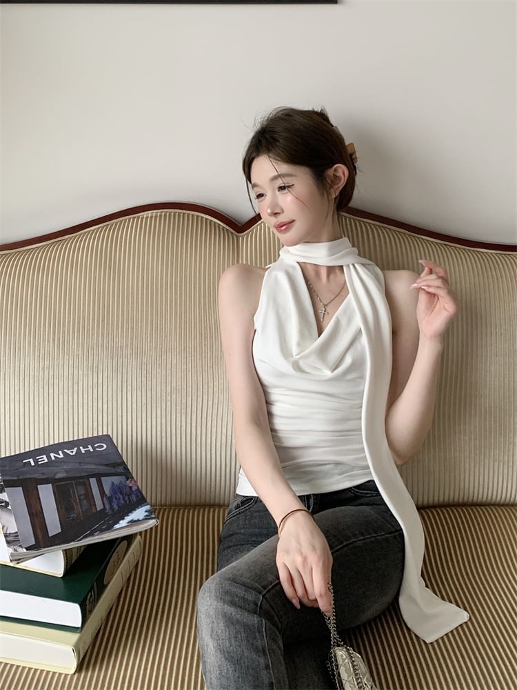Scarf Tank Cowl Set: + Neck Plain Top Slim Fit
