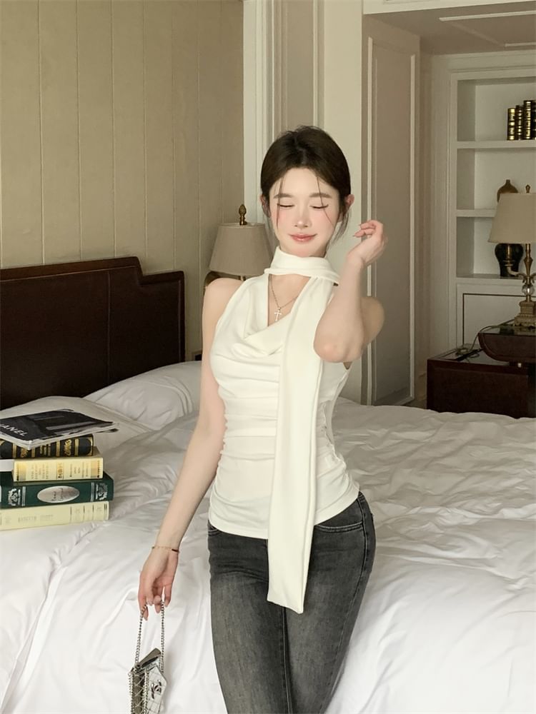 Scarf Tank Cowl Set: + Neck Plain Top Slim Fit