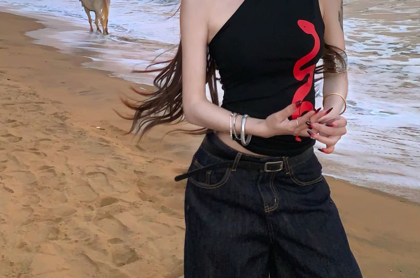 Print One-Shoulder Halter Fit Slim Tank Top Snake