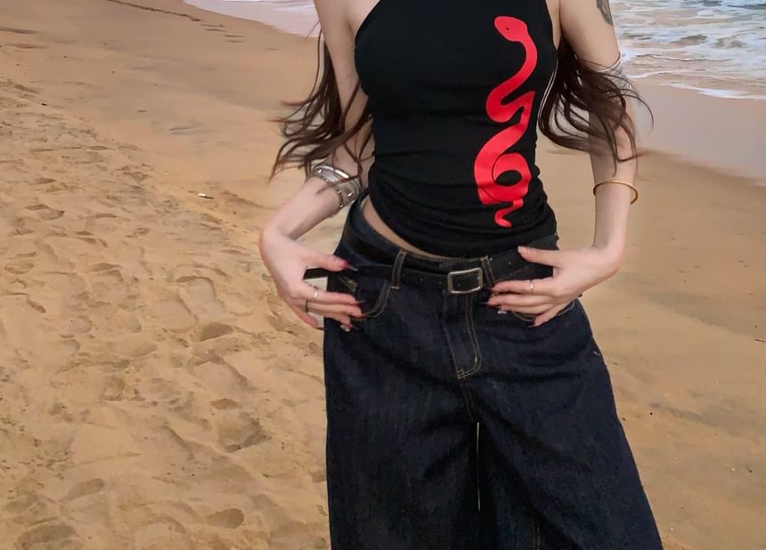 Print One-Shoulder Halter Fit Slim Tank Top Snake