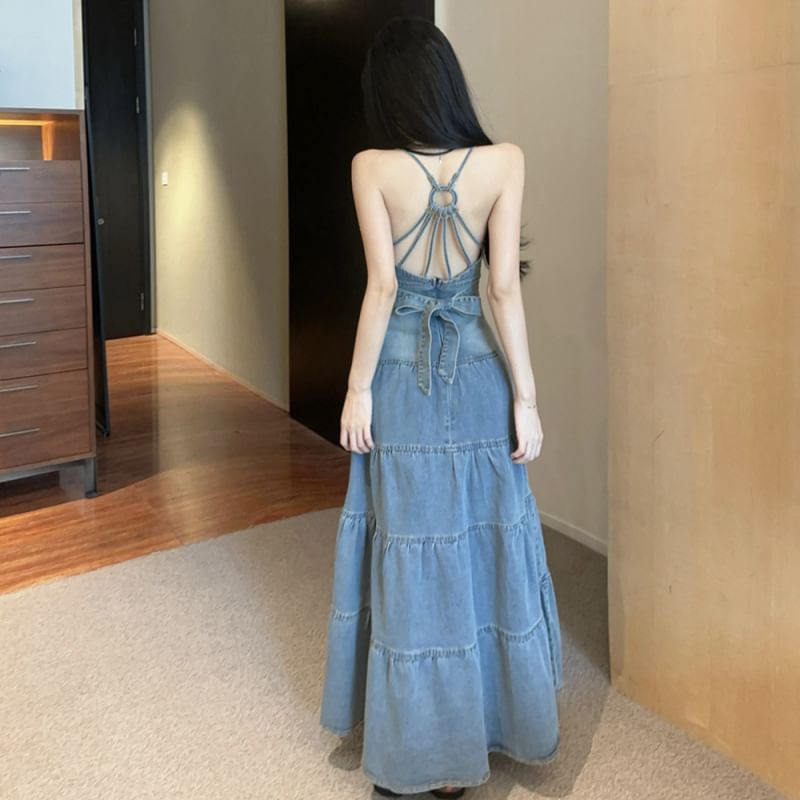 Washed Denim Maxi A-Line Dress with Tiered Button Front