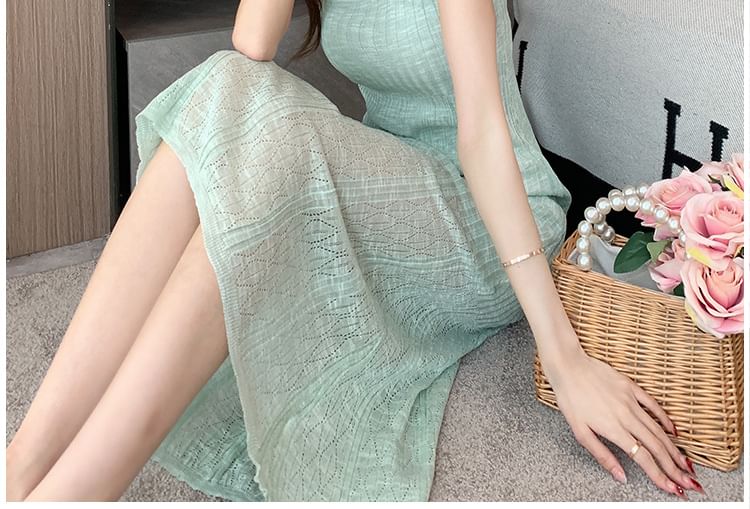 Knit Midi A-Line Dress with Thin Straps